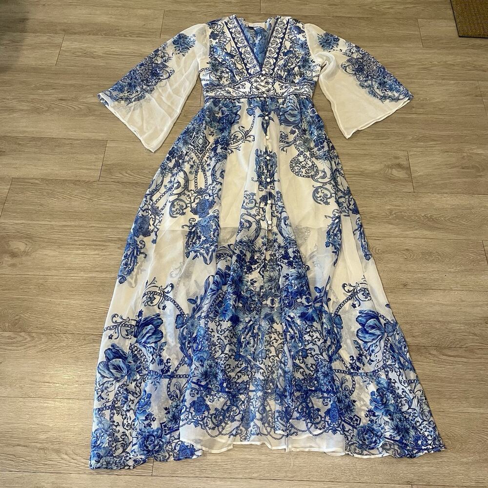 Maxi Dress Floral Blue White Womens 42 Boho Concert Flowy Fairy Whimsical